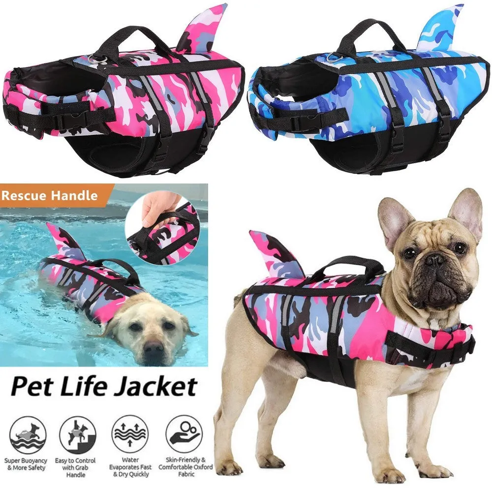 Dog lifesaving swimming suit in camouflage shark blue and rose red colours for sizes XS to XXL