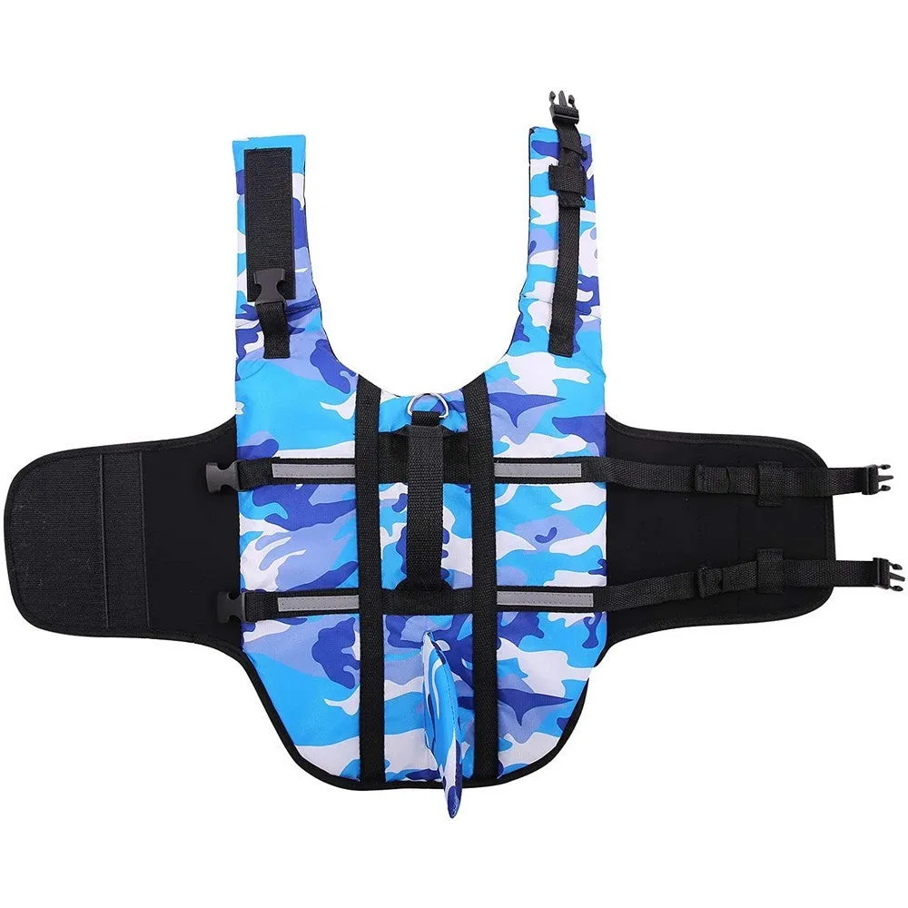 Dog lifesaving swimming suit in camouflage shark blue and rose red colours for sizes XS to XXL