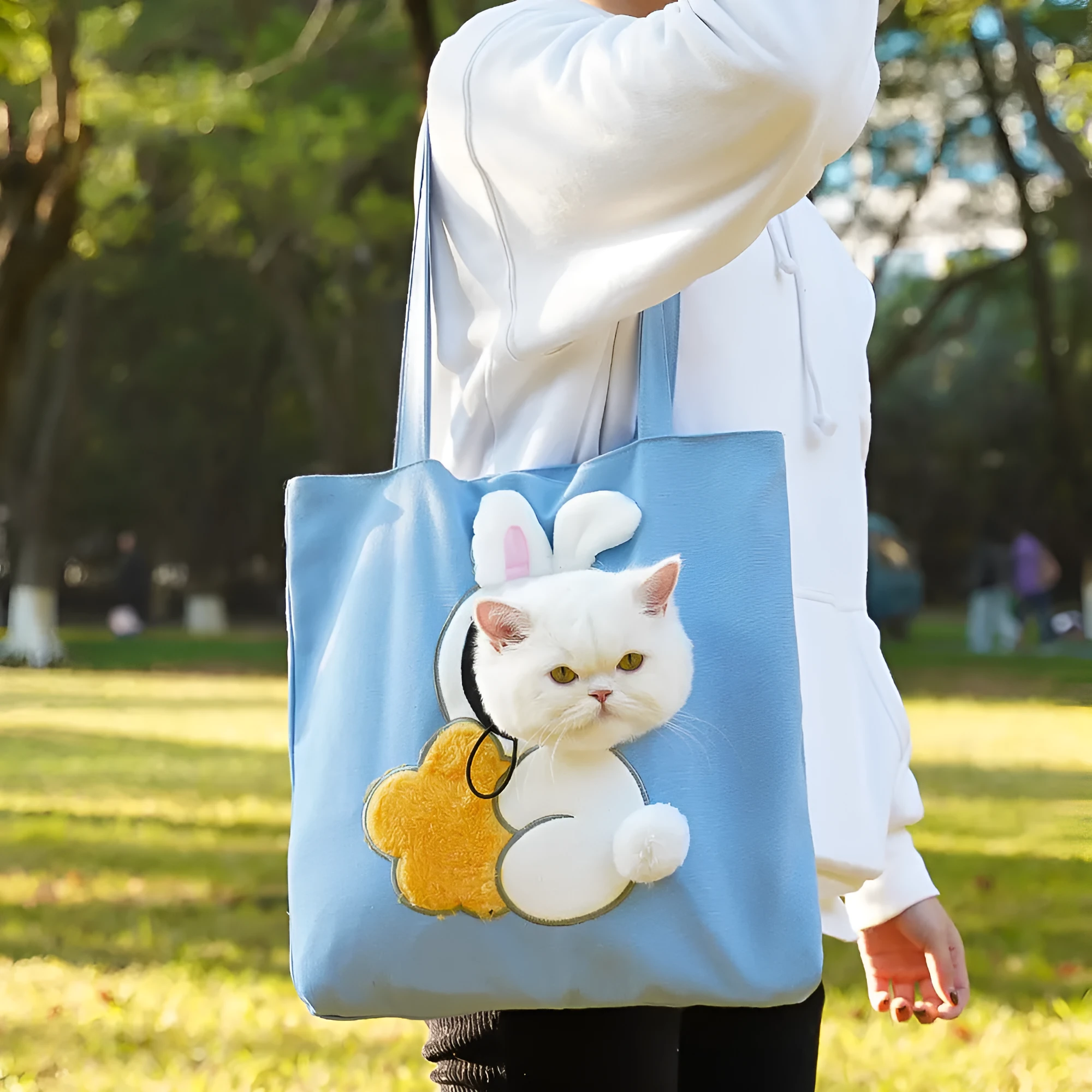 Canvas pet shoulder bag with cartoon print for cats and small dogs