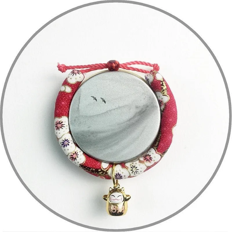 Cat collar with small Japanese bell made from cotton, linen, and copper, available in Black big flower and Red plum
