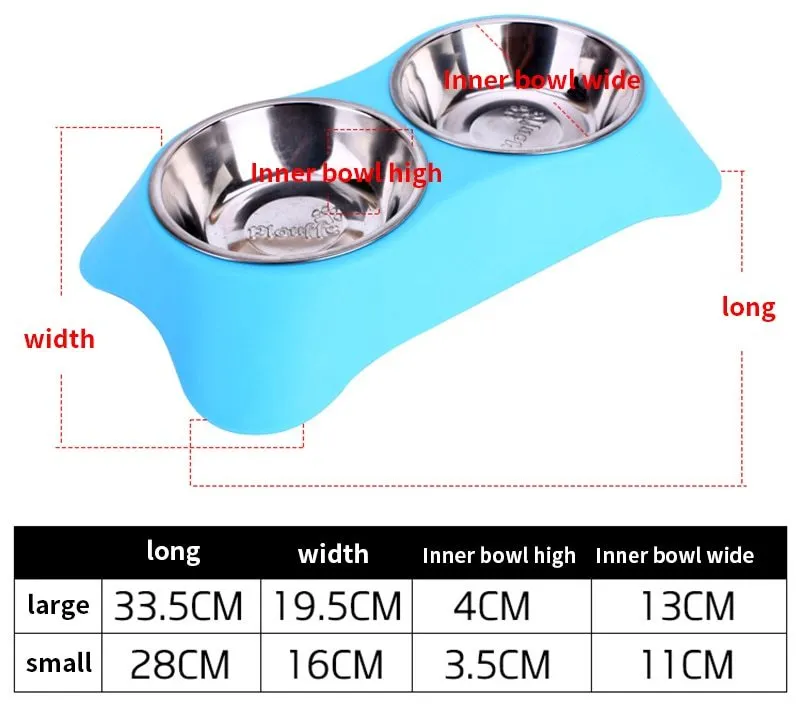 Sunscreen silicone pet double bowl with non-slip base, stainless steel interior, available in Blue, Green, and Rose Red
