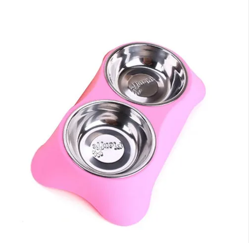 Sunscreen silicone pet double bowl with non-slip base, stainless steel interior, available in Blue, Green, and Rose Red