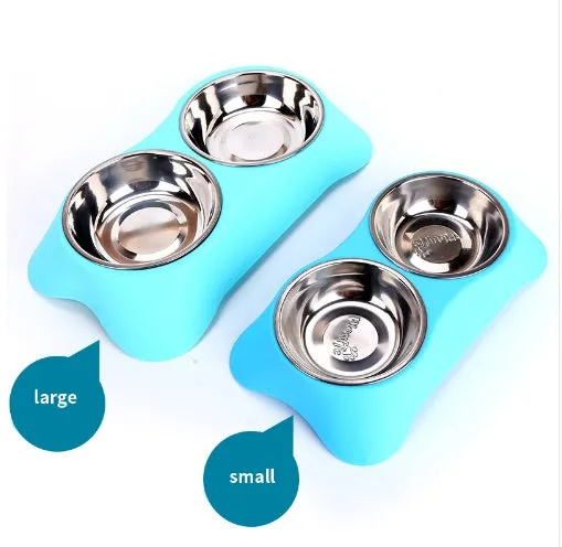 Sunscreen silicone pet double bowl with non-slip base, stainless steel interior, available in Blue, Green, and Rose Red