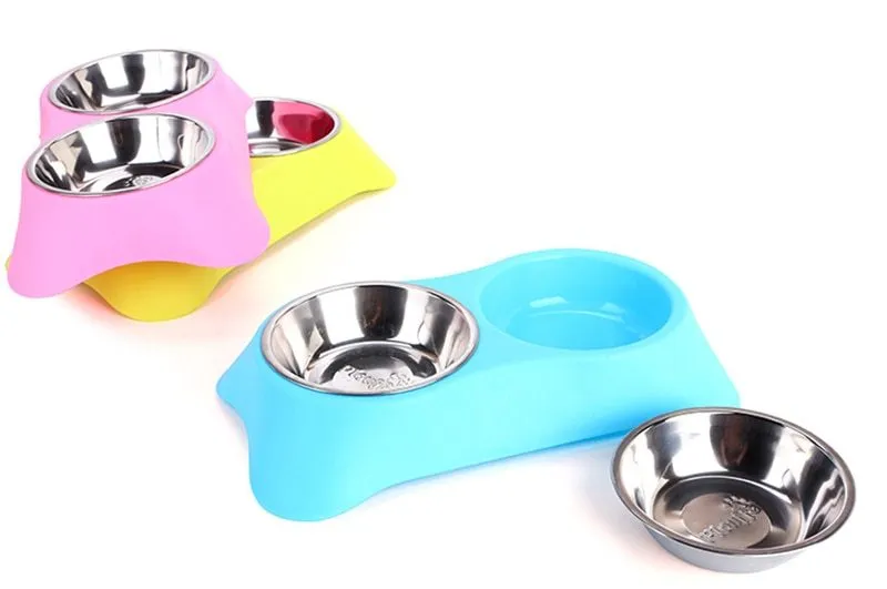 Sunscreen silicone pet double bowl with non-slip base, stainless steel interior, available in Blue, Green, and Rose Red