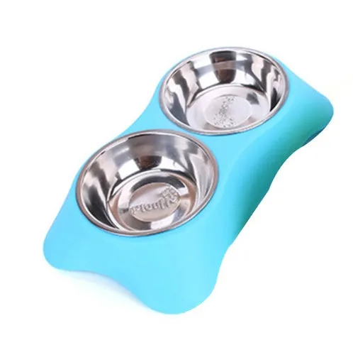 Sunscreen silicone pet double bowl with non-slip base, stainless steel interior, available in Blue, Green, and Rose Red
