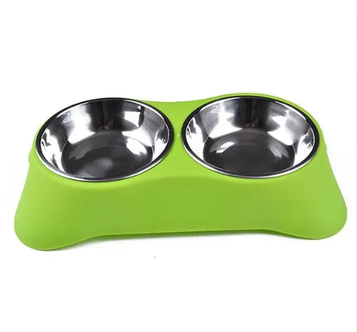 Sunscreen silicone pet double bowl with non-slip base, stainless steel interior, available in Blue, Green, and Rose Red