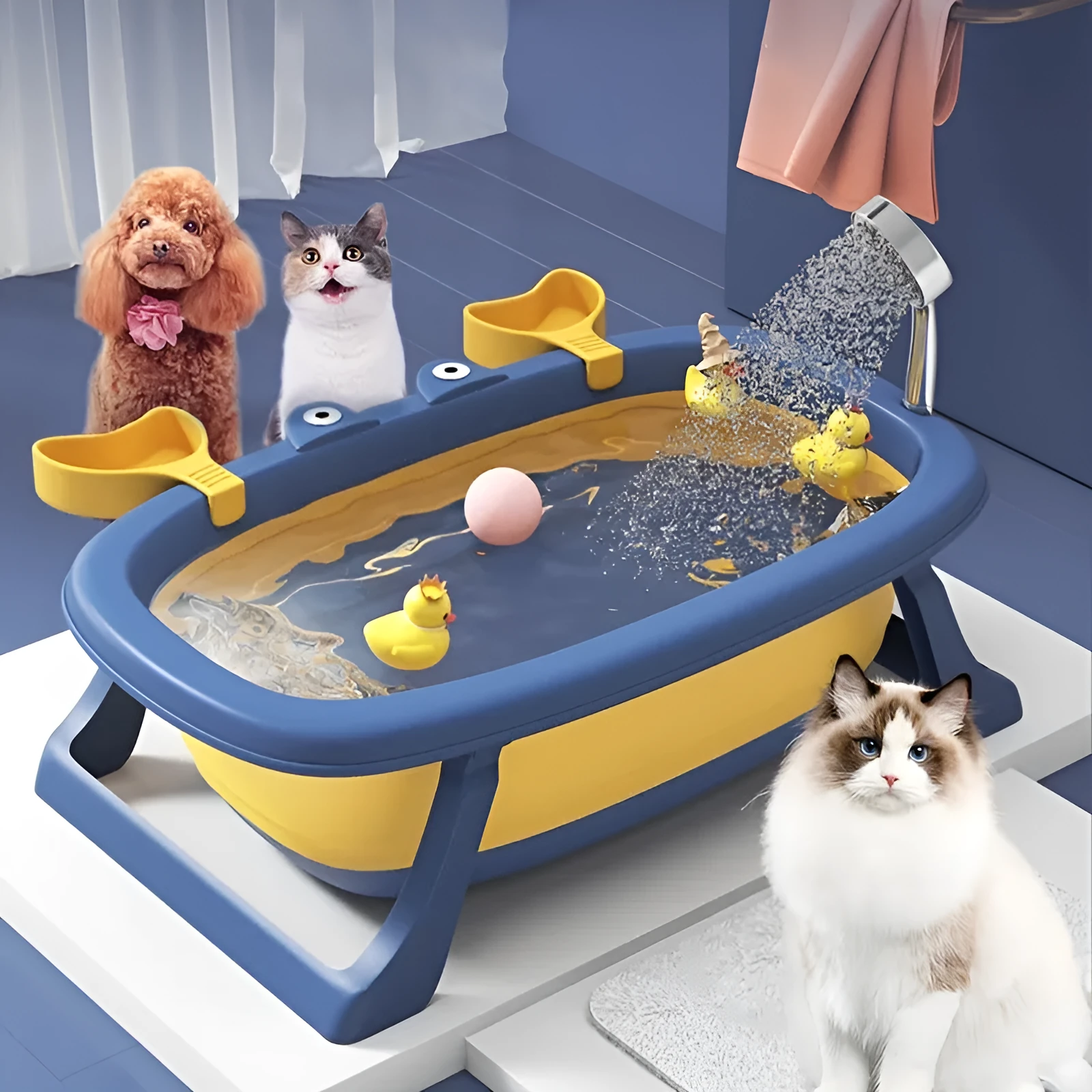 Foldable portable pet tub for washing cats and small dogs under 20 pounds in blue colour