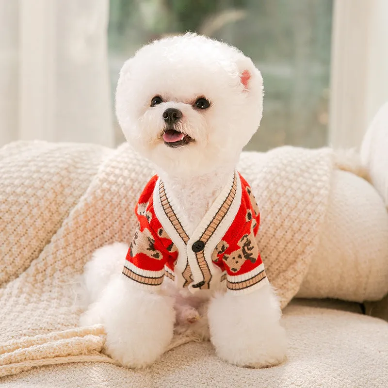 Pet dog simple warm knitted sweater in wrapped heart yarn, showing size options from XS to XL and colours Beige Bear Black Blue Bear Grey Red Bear