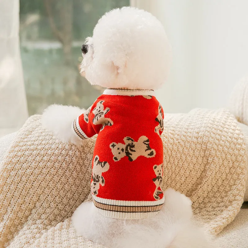 Pet dog simple warm knitted sweater in wrapped heart yarn, showing size options from XS to XL and colours Beige Bear Black Blue Bear Grey Red Bear