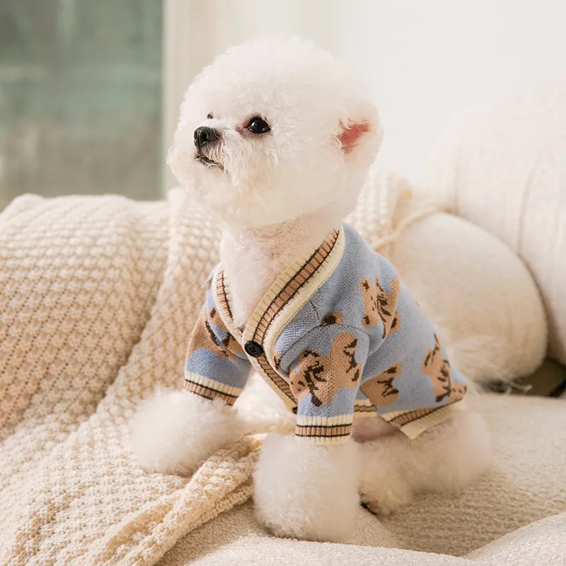 Pet dog simple warm knitted sweater in wrapped heart yarn, showing size options from XS to XL and colours Beige Bear Black Blue Bear Grey Red Bear