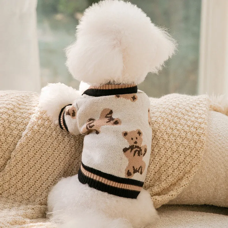 Pet dog simple warm knitted sweater in wrapped heart yarn, showing size options from XS to XL and colours Beige Bear Black Blue Bear Grey Red Bear