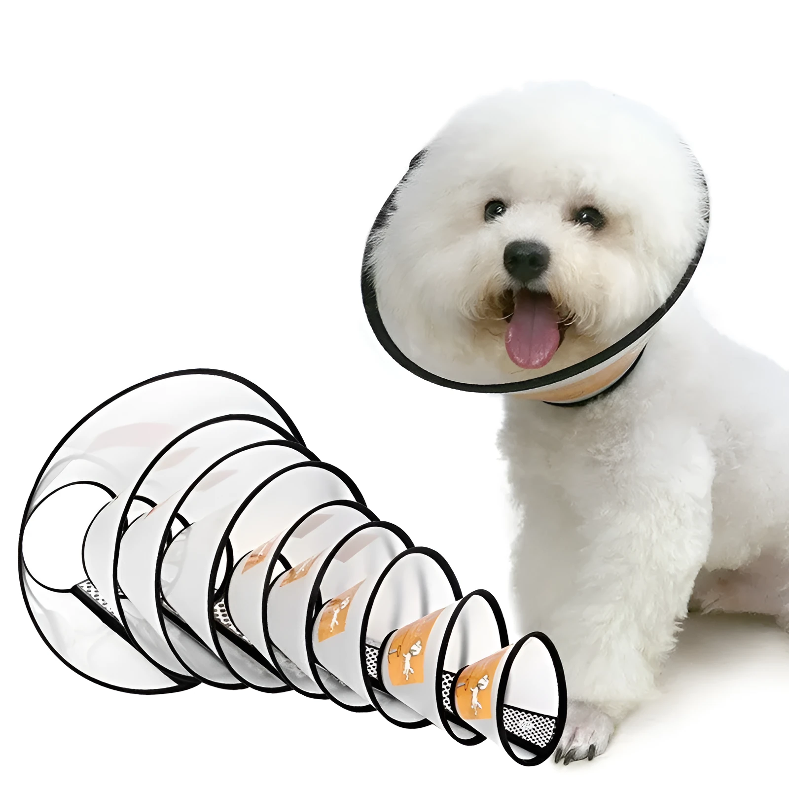 Transparent PP plastic pet cleaning ring with Velcro closure in size 5 for neck 23-27cm depth 12.5cm