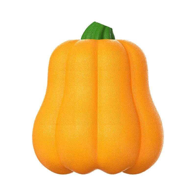 Pumpkin orange plastic dog chew toy with a woven rope handle for fetch.