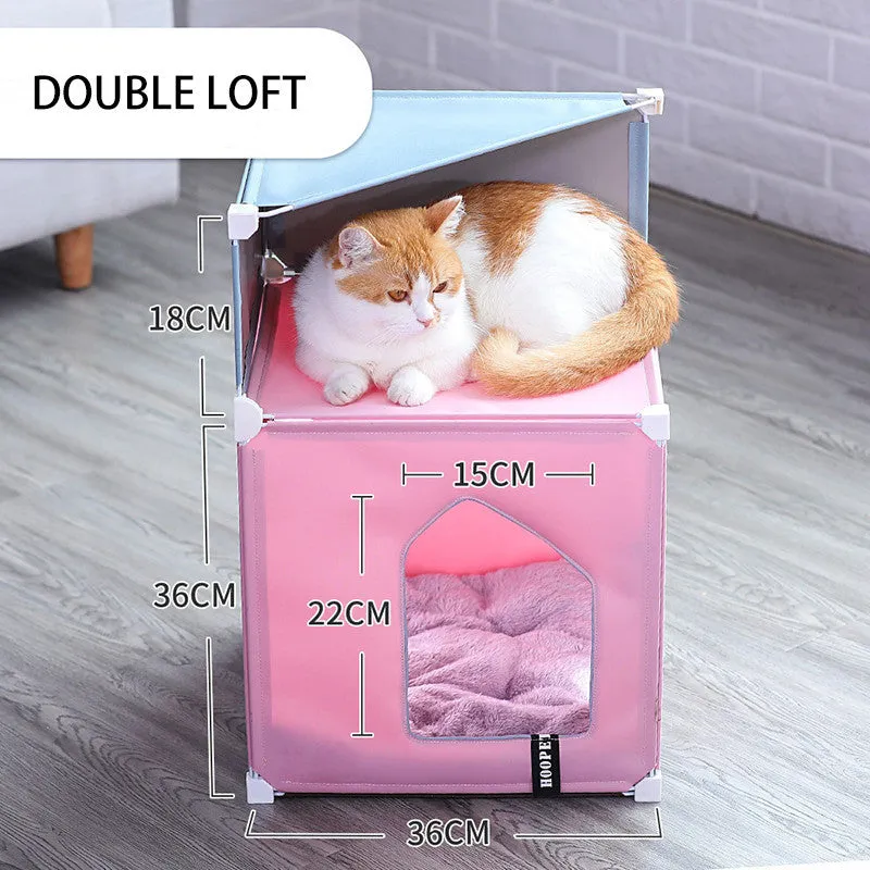 Fully enclosed cat villa with waterproof polyester cover and metal frame in blue, 35x35x35 cm size