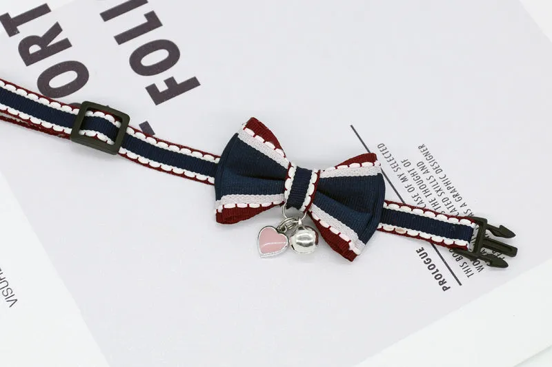 Small pet cat bell collar with bow tie in beige flower and pink rope, adjustable 15-40cm neck