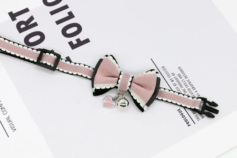 Small pet cat bell collar with bow tie in beige flower and pink rope, adjustable 15-40cm neck