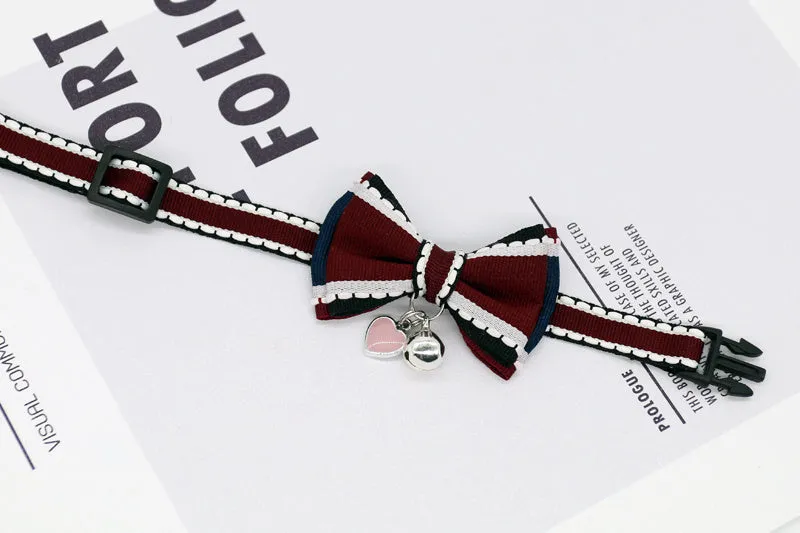 Small pet cat bell collar with bow tie in beige flower and pink rope, adjustable 15-40cm neck