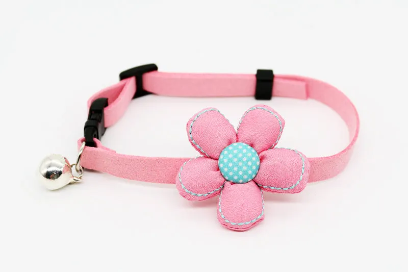 Small pet cat bell collar with bow tie in beige flower and pink rope, adjustable 15-40cm neck