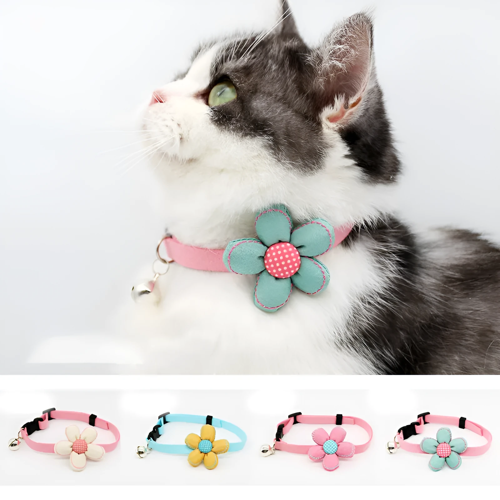 Small pet cat bell collar with bow tie in beige flower and pink rope, adjustable 15-40cm neck