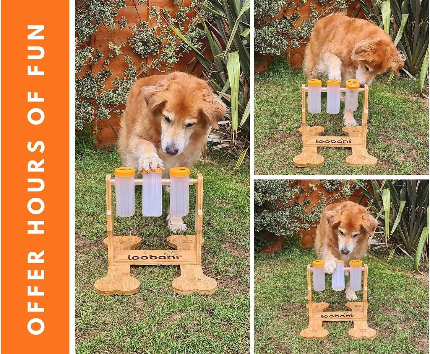 Wooden interactive dog puzzle toy and slow feeder with treat slots, 31cm long.