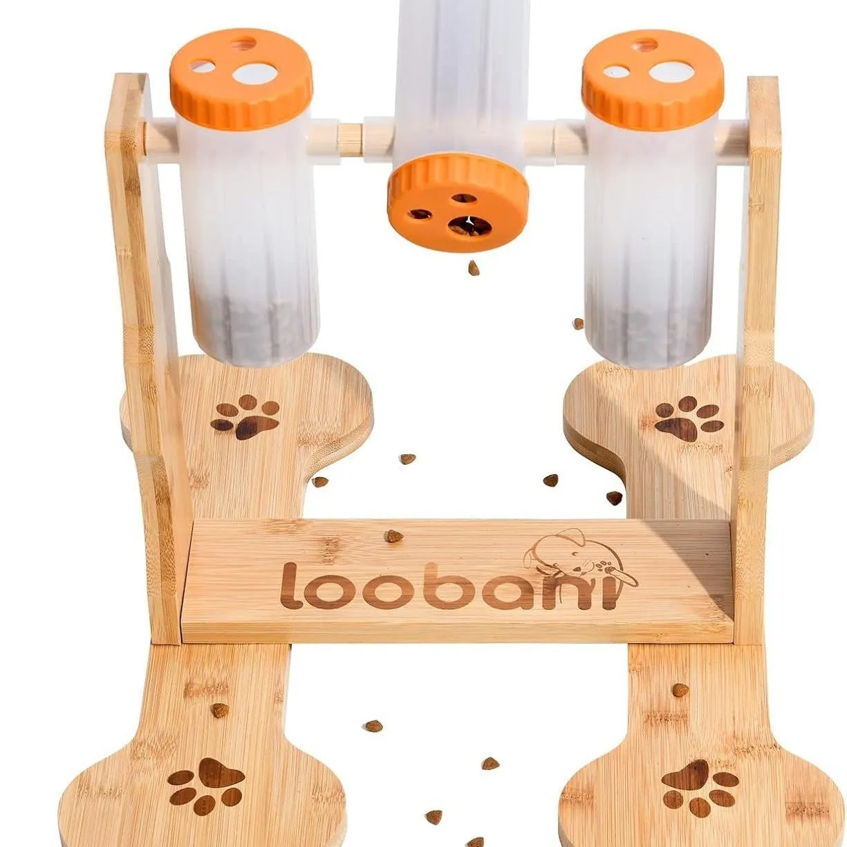Wooden interactive dog puzzle toy and slow feeder with treat slots, 31cm long.
