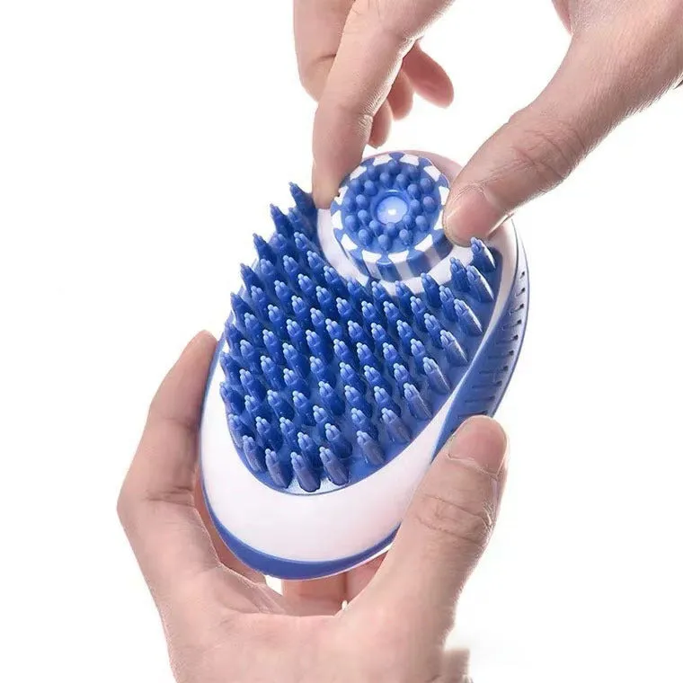 Silicone pet bath brush in blue with liquid storage compartment for cats and dogs
