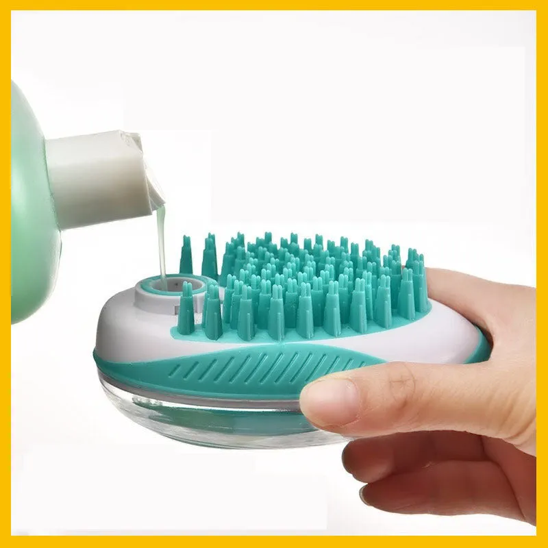 Silicone pet bath brush in blue with liquid storage compartment for cats and dogs