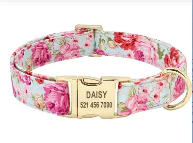 Custom engraved nylon dog collar with semi-alloy lock and D-ring, available in red, blue, and orange
