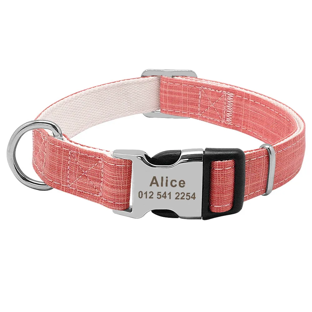 Custom engraved nylon dog collar with semi-alloy lock and D-ring, available in red, blue, and orange