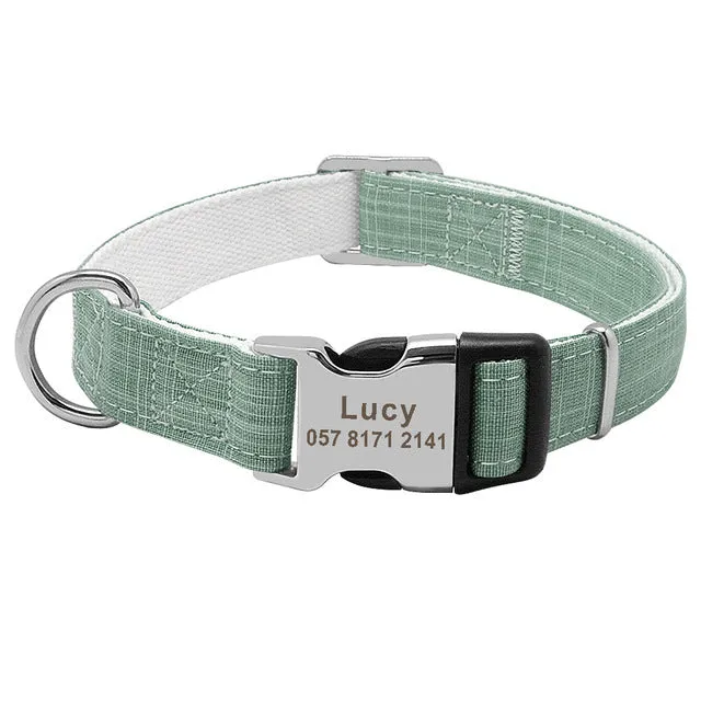 Custom engraved nylon dog collar with semi-alloy lock and D-ring, available in red, blue, and orange