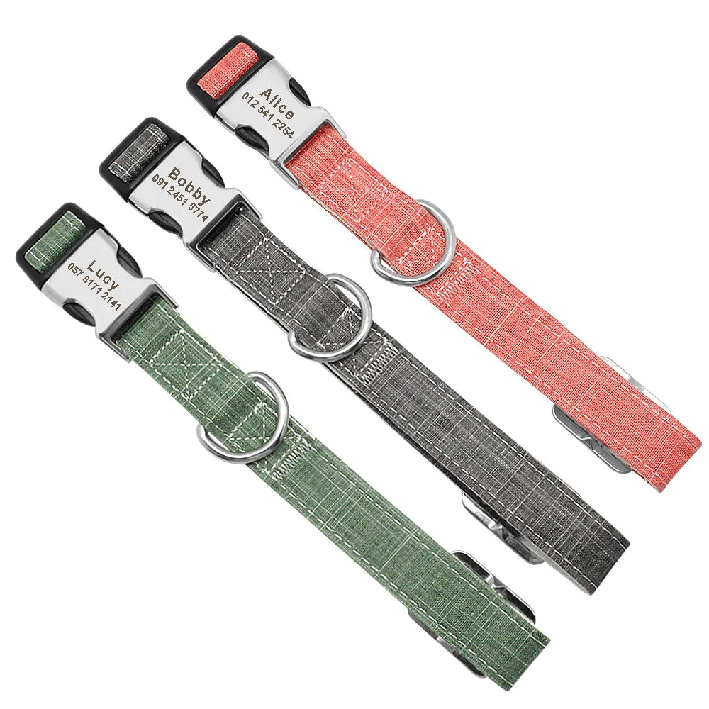 Custom engraved nylon dog collar with semi-alloy lock and D-ring, available in red, blue, and orange