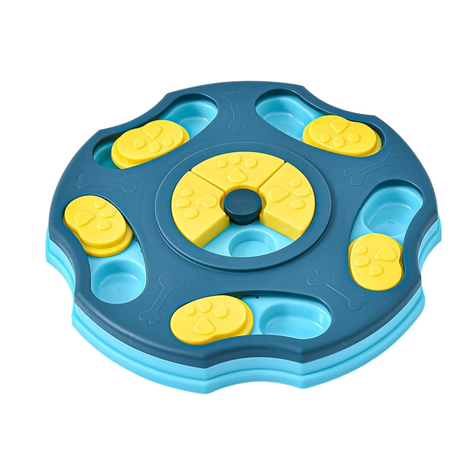 Blue interactive dog puzzle feeder toy for aggressive chewers with treat-dispensing design