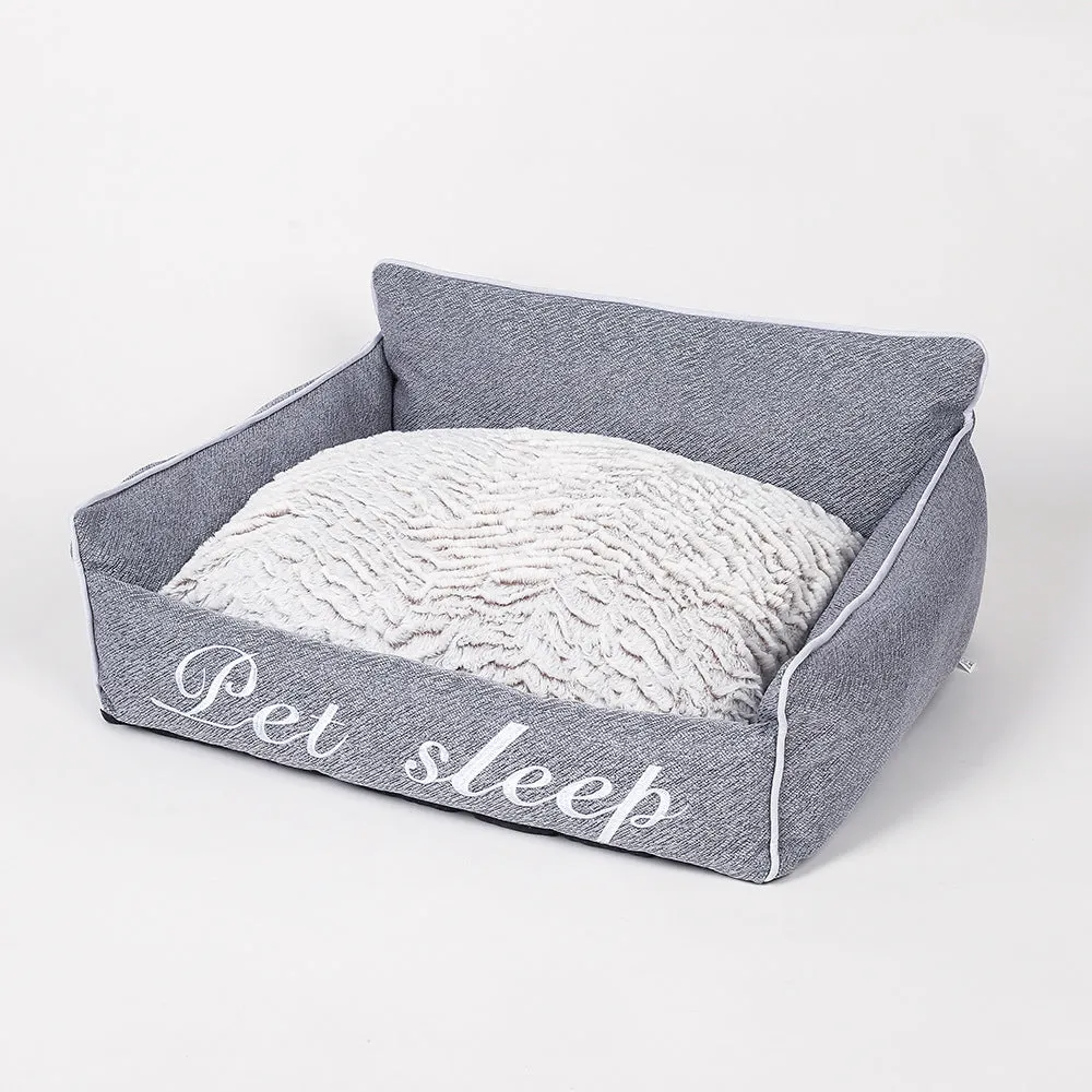 Warm cloth cat litter kennel pet bed in blue, with outer dimensions label showing size options