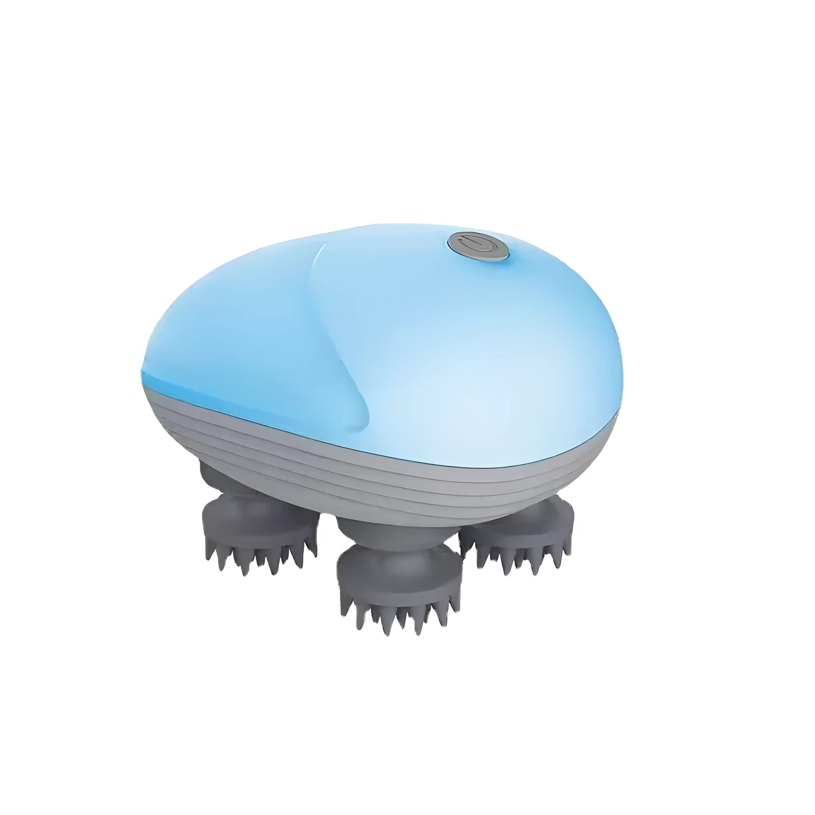 Blue handheld electric pet massager with rotating heads for cats and dogs on a grey background.