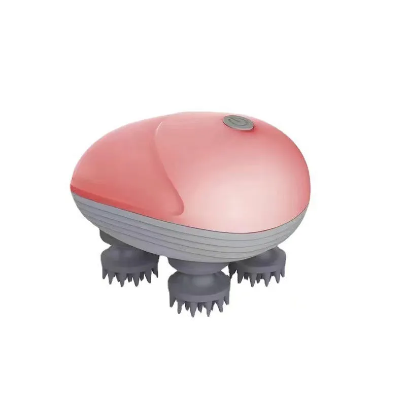 Blue handheld electric pet massager with rotating heads for cats and dogs on a grey background.