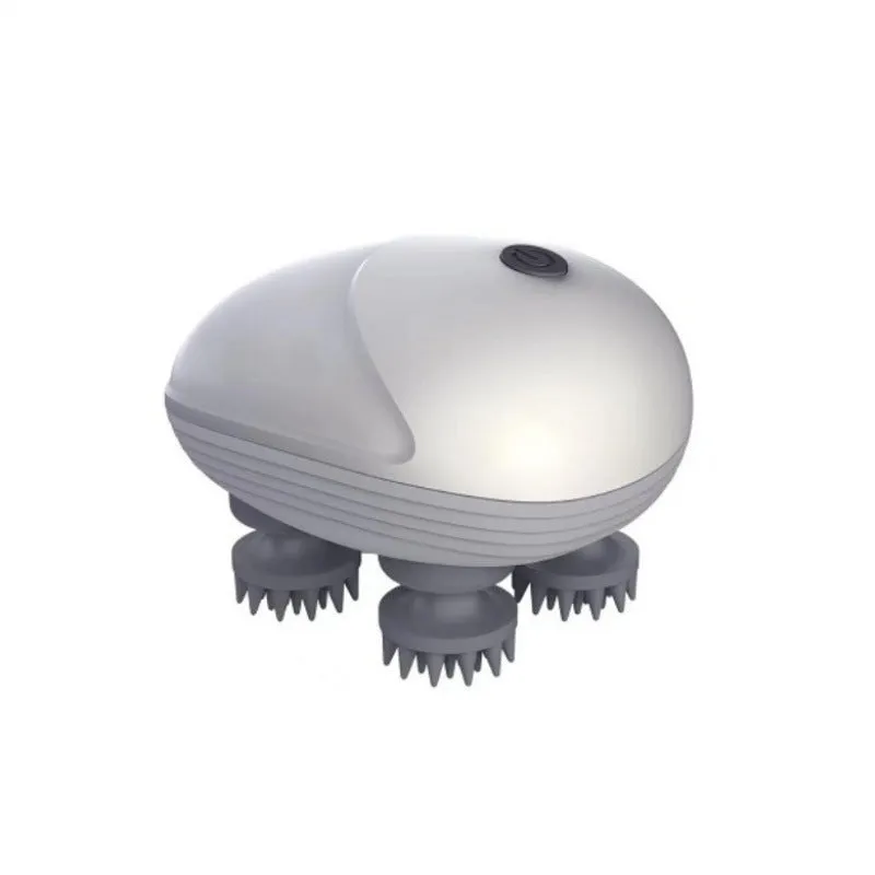 Blue handheld electric pet massager with rotating heads for cats and dogs on a grey background.