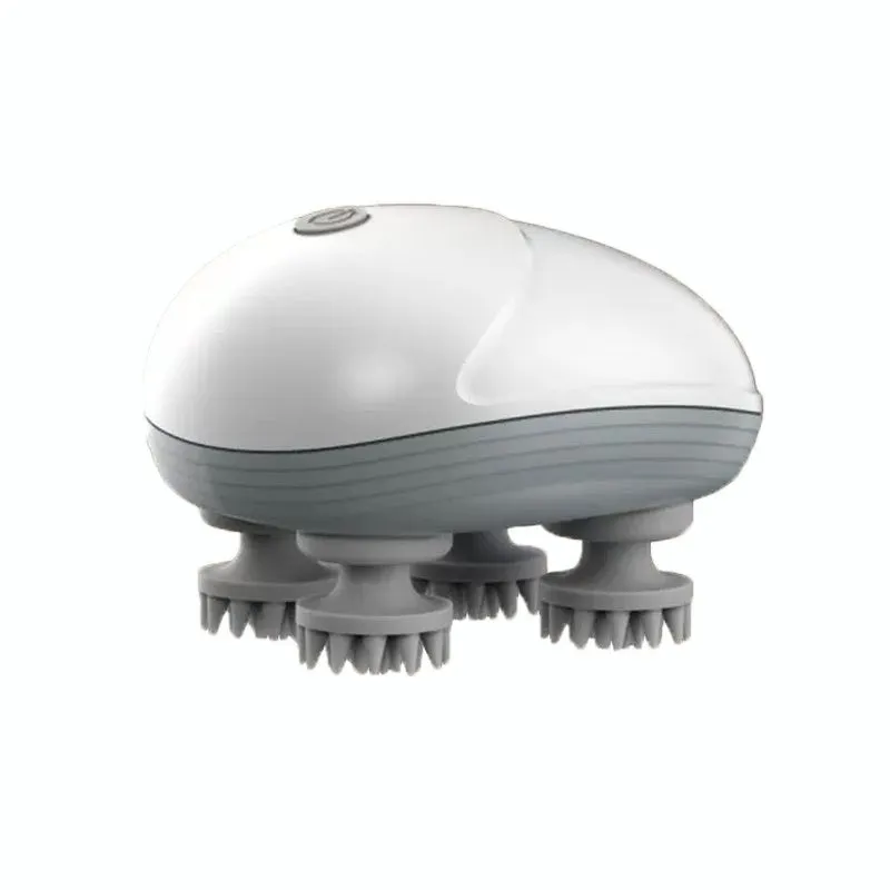 Blue handheld electric pet massager with rotating heads for cats and dogs on a grey background.