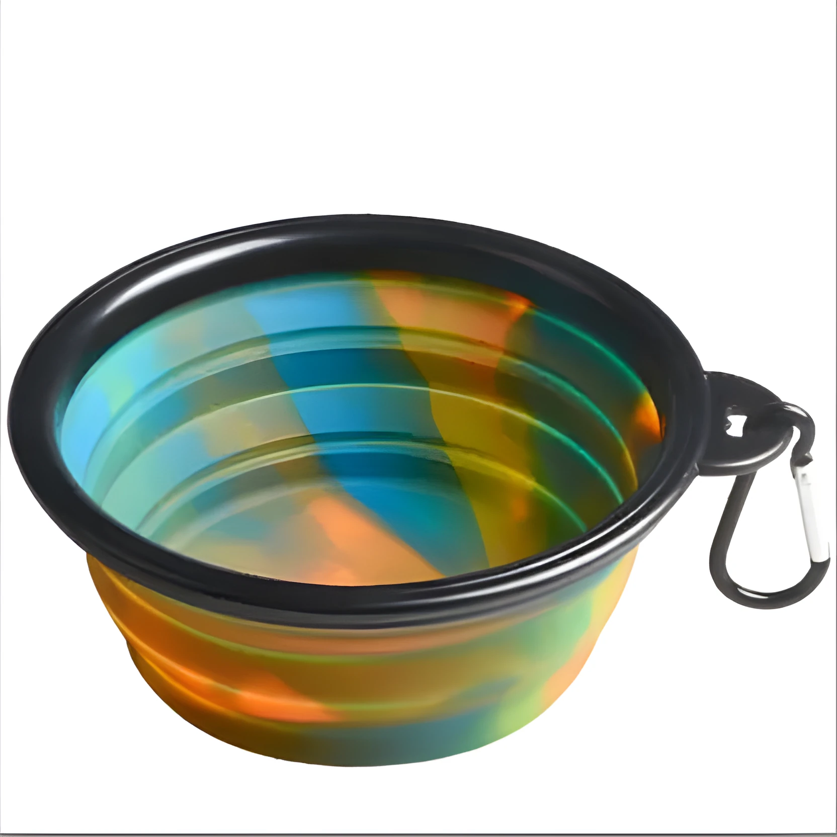 Collapsible silicone dog bowl in camouflage pattern folded flat on green surface