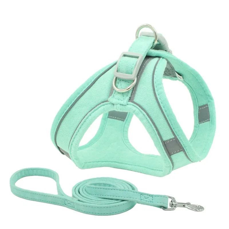 Suede reflective pet chest harness vest in green on a black background, showing adjustable straps and draw rope