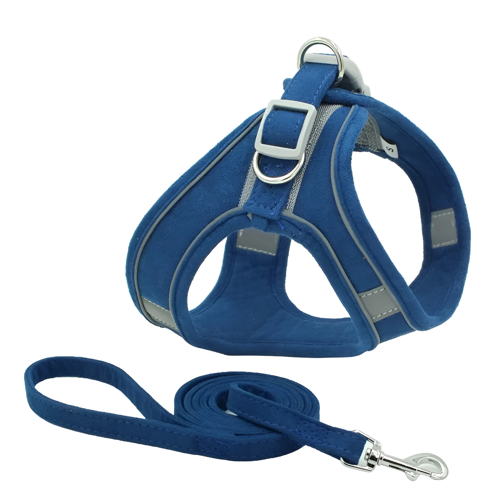Suede reflective pet chest harness vest in green on a black background, showing adjustable straps and draw rope
