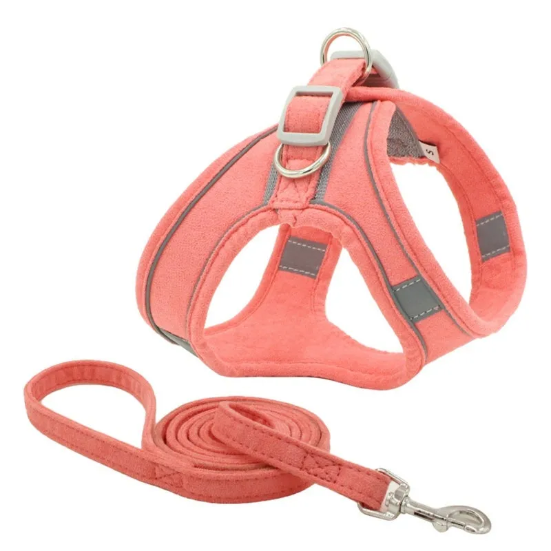 Suede reflective pet chest harness vest in green on a black background, showing adjustable straps and draw rope
