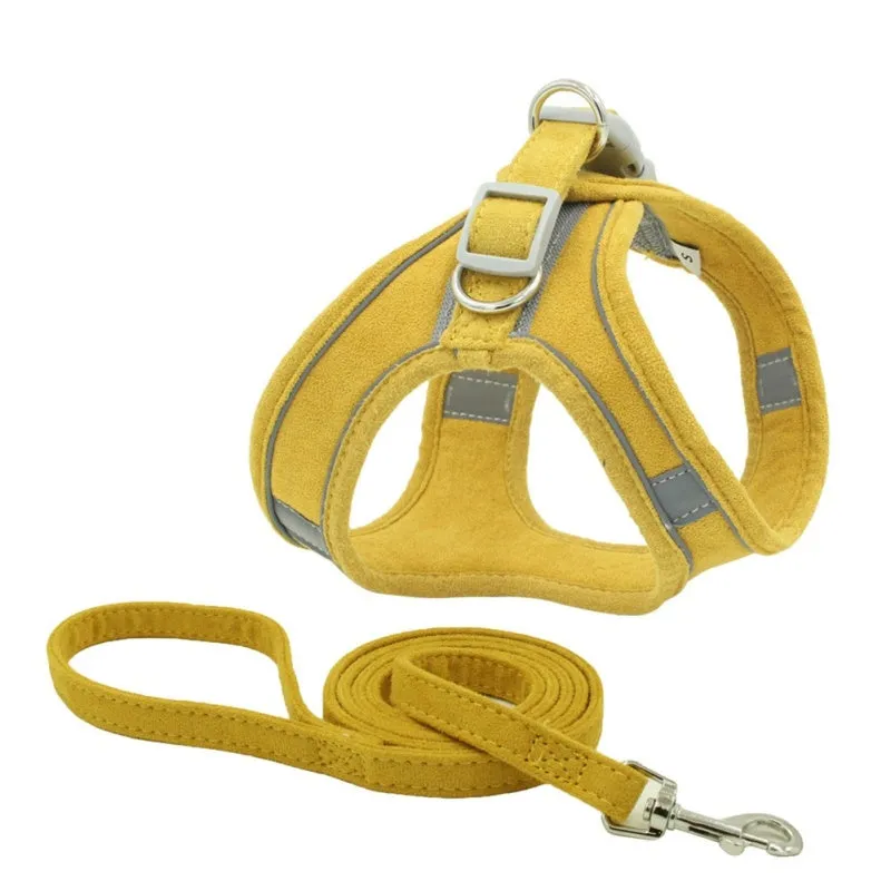 Suede reflective pet chest harness vest in green on a black background, showing adjustable straps and draw rope