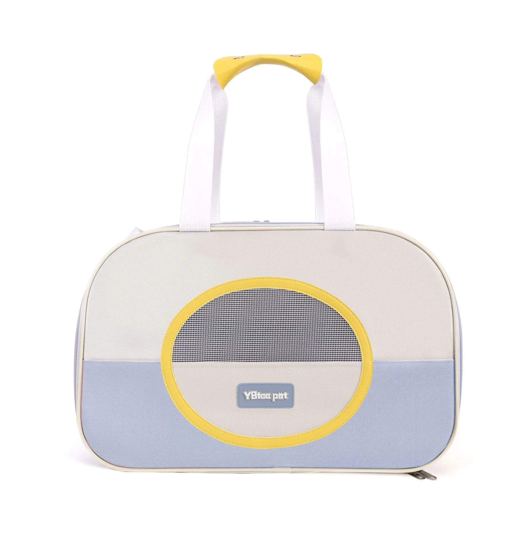 Blue foldable cat carrier backpack showing side view and shoulder straps.