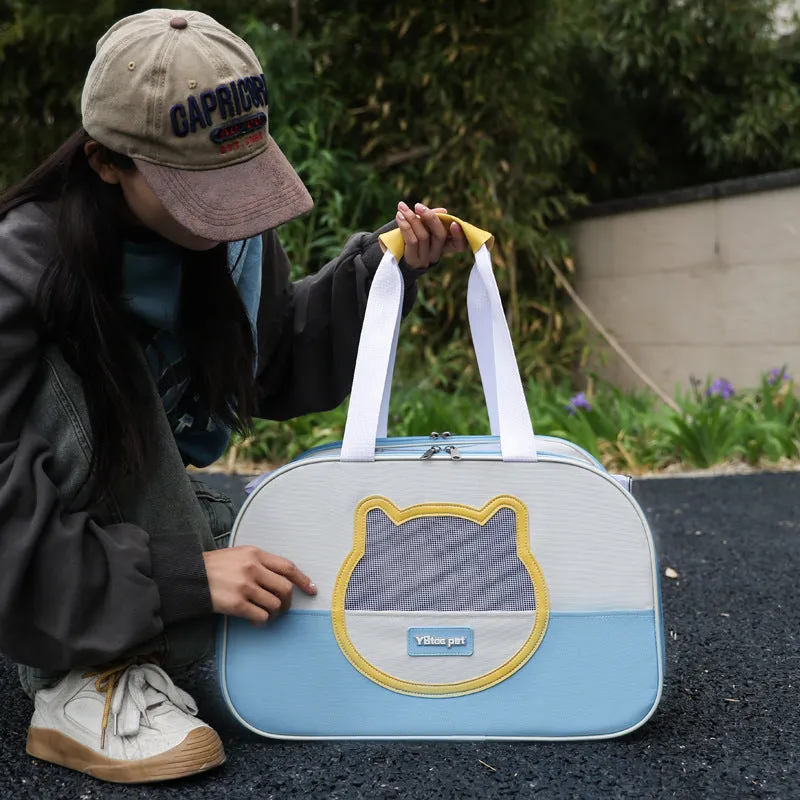 Blue foldable cat carrier backpack showing side view and shoulder straps.