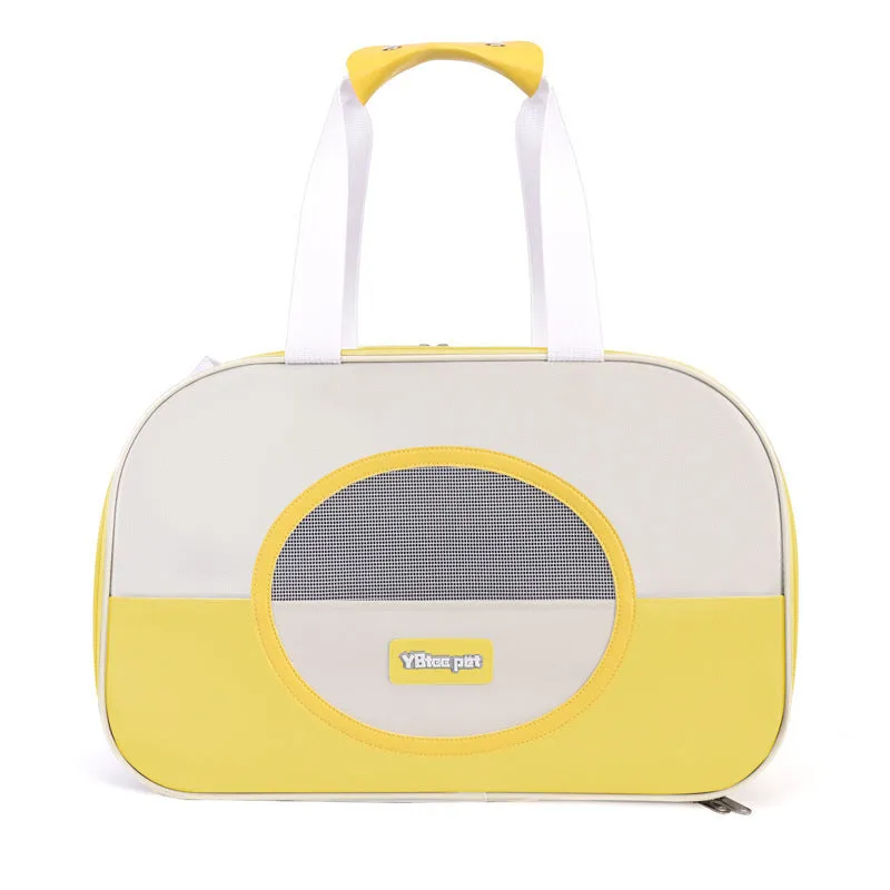 Blue foldable cat carrier backpack showing side view and shoulder straps.