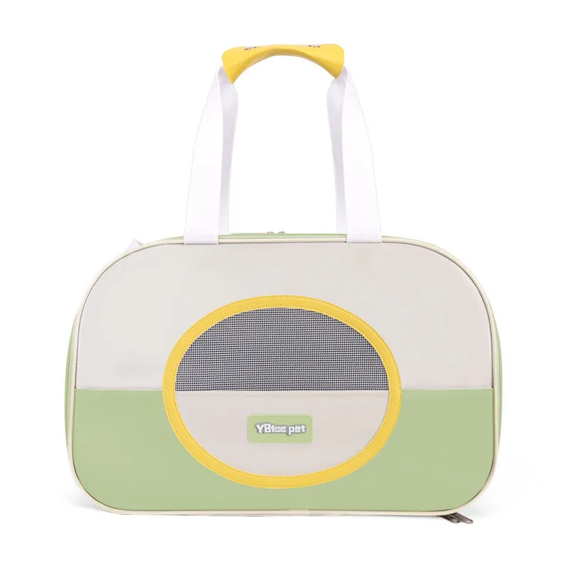 Blue foldable cat carrier backpack showing side view and shoulder straps.