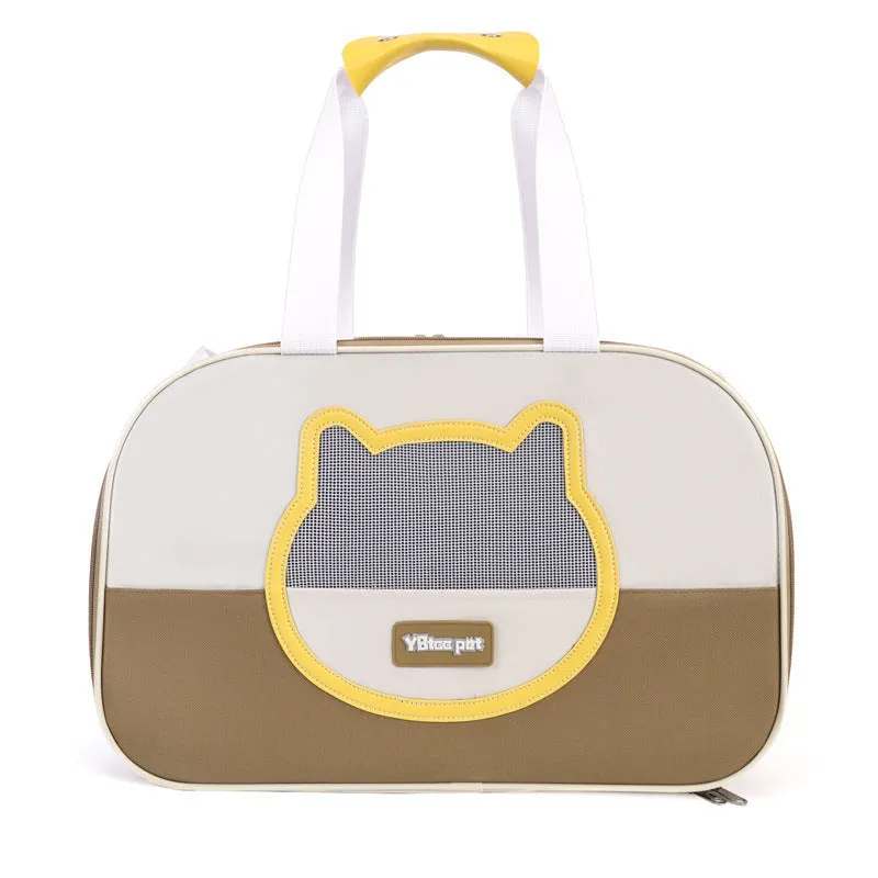 Blue foldable cat carrier backpack showing side view and shoulder straps.