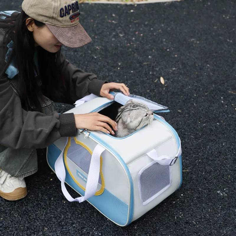 Blue foldable cat carrier backpack showing side view and shoulder straps.