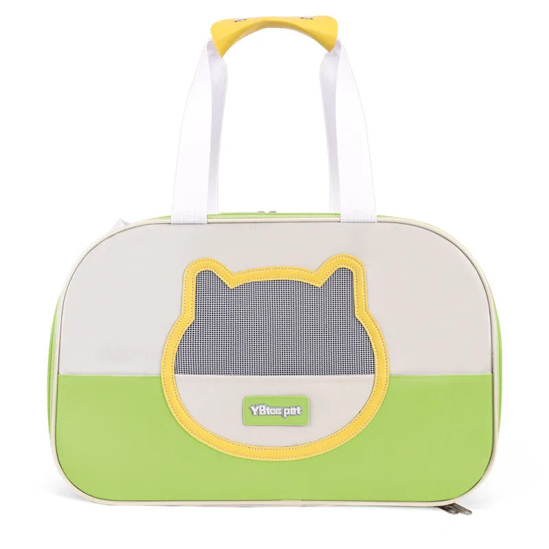 Blue foldable cat carrier backpack showing side view and shoulder straps.