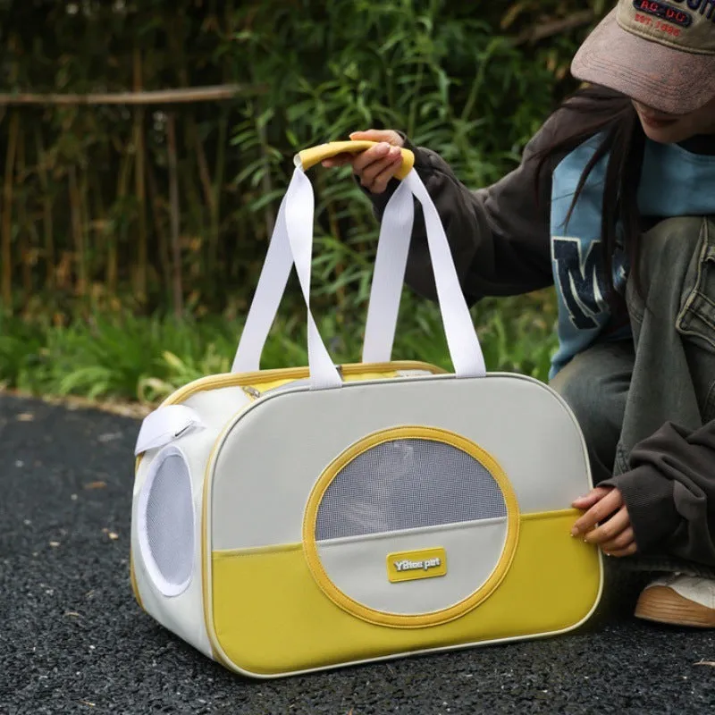 Blue foldable cat carrier backpack showing side view and shoulder straps.